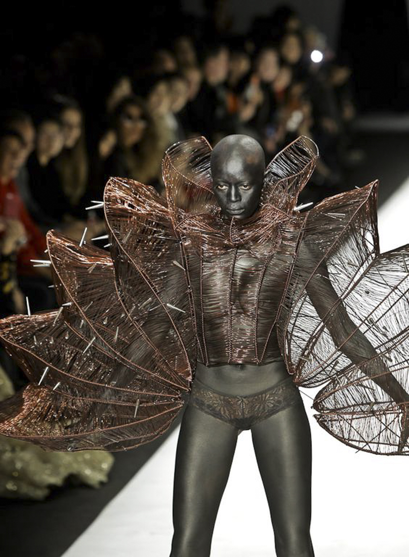 A Model in Body Paint with a Winged Apparatus, Resembling a Fly.