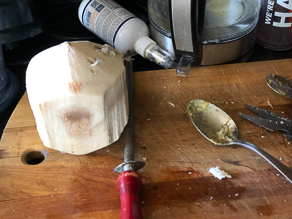 An impaled coconut and my attempt to get the milk out of a young coconut.