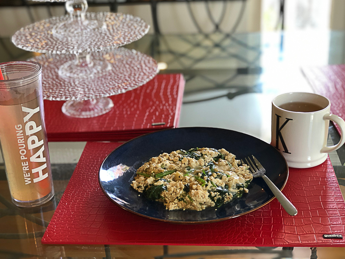 Apple Cider Vinegar with Lemon & Maple Syrup, Tofu Scramble and Green Tea.