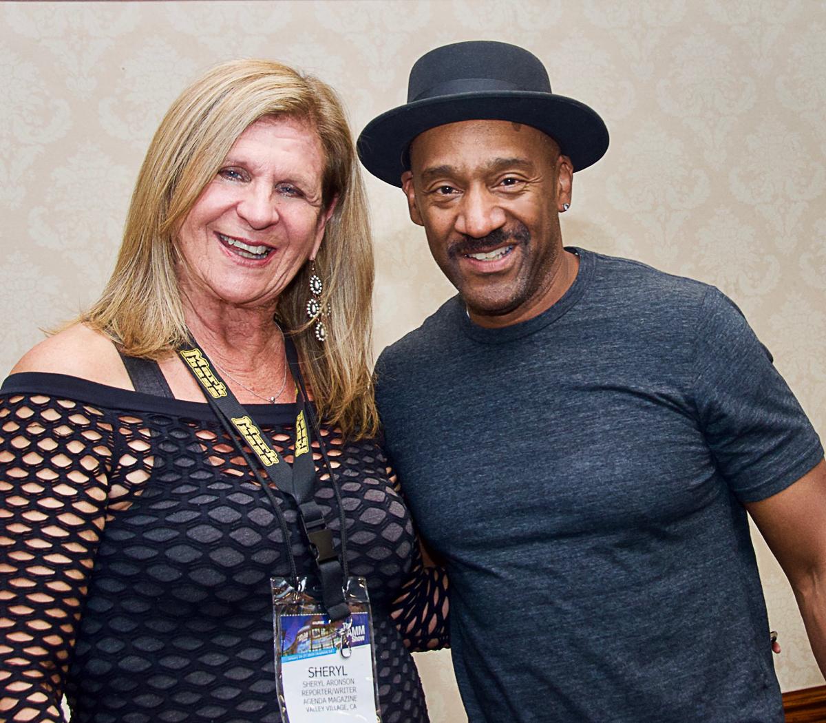 Sheryl Aronson with Marcus Miller at the Sire USA demonstration, during NAMM 2019