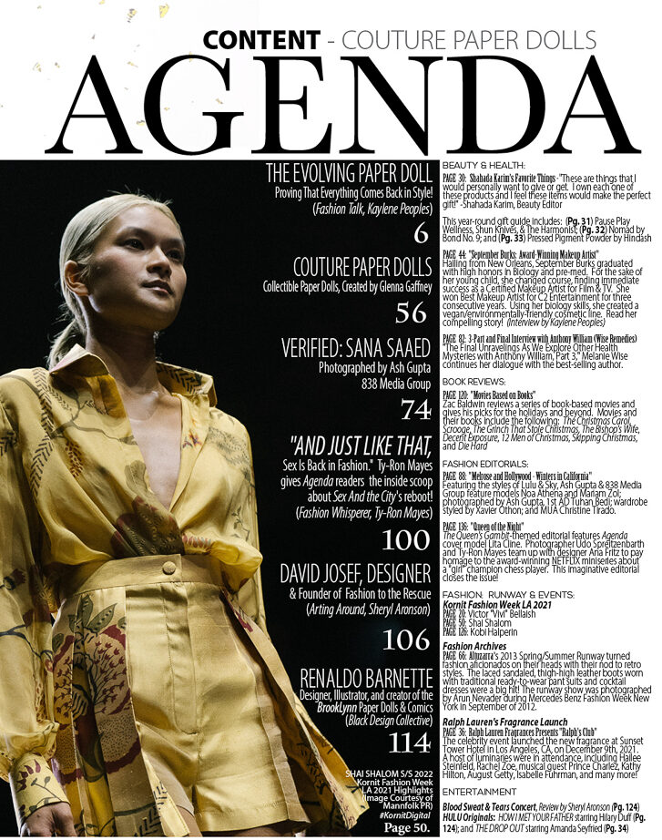 Agenda Magazine Table of Content for the Couture Paper Dolls Jan. 2022 Issue 17, published by KL Publishing Group